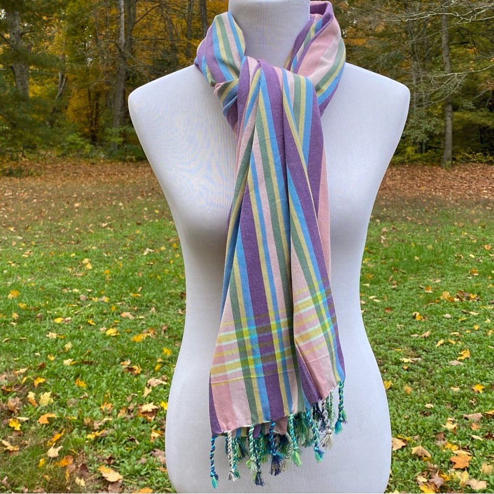 KIKOY 4 KENYA NEW SCARF WRAP PURPLE BLUE YELLOW GREEN STRIPE COTTON FRINGE